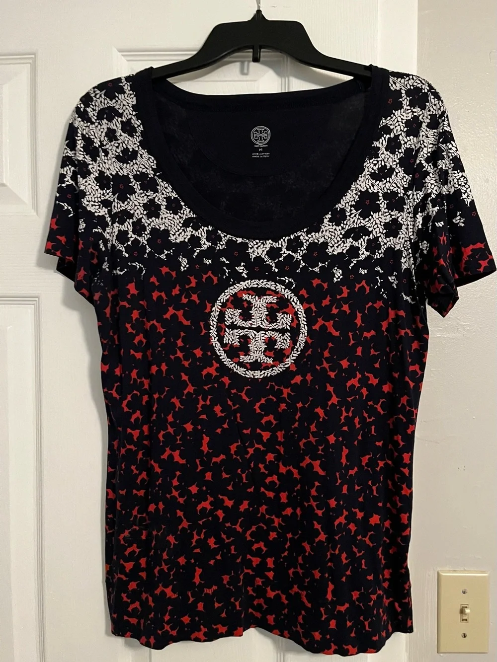 Tory Burch Floral Scoop Neck Logo Tee Shirt Red Black White Cotton Medium M